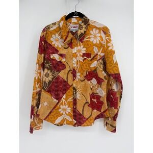 Roper Womens L Western Snap Shirt Patchwork Batik Floral Glitter Cotton Mustard